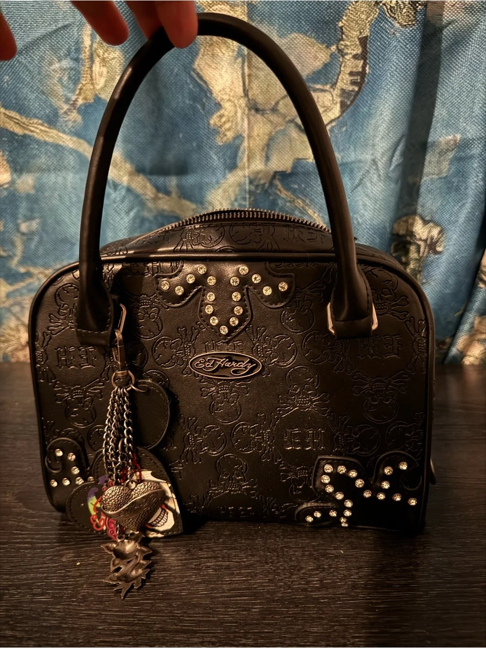 Ed Hardy Black Embossed Satchel with Studded Accents and Charm Tassel